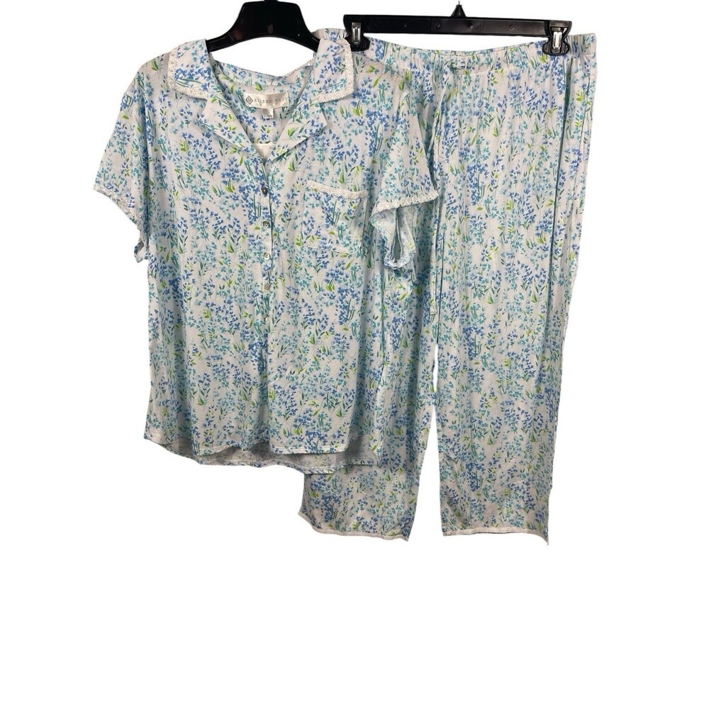 NWT Eileen West MicroModal Cotton Floral Pajama Set XL Blue Capri Sleepwear 2 Pc